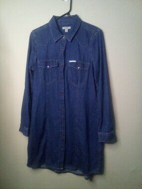 Calvin Klein Jeans Dress Women M Snap Front Long Sleeve Pockets Denim Blue
